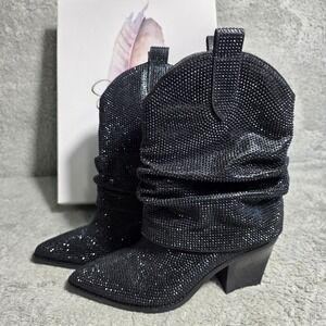 Jessica Simpson Black Rhinestone Western Slouchy Mid Calf Ankle Boots 6M NEW